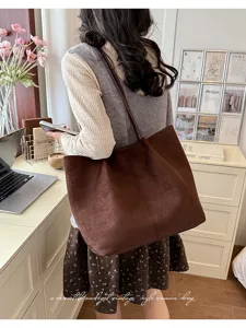 Brown suede tote bag for women, large capacity vintage shoulder bag for daily commute school.