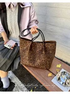Fashion suede texture leopard print tote shoulder bag for women daily commute and school use.