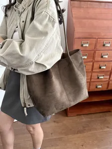 Casual brown suede tote bag for women, perfect for daily commute, school, and shopping.