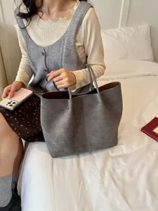 Grey suede tote bag for women, stylish shoulder bag for daily commute, casual autumn design