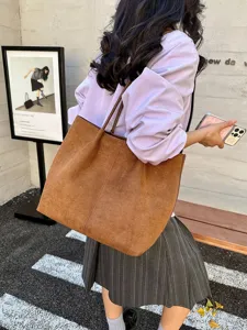 Brown suede tote bag for women, stylish large capacity shoulder bag for daily commute.