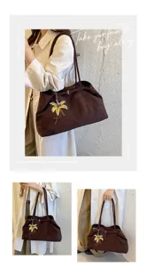 Classic brown suede tote bag with palm charm, large capacity casual shoulder bag for women.