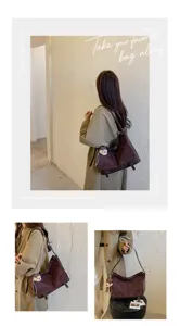 Korean style retro suede shoulder bag with cute bear pendant, casual slouchy tote bag details.