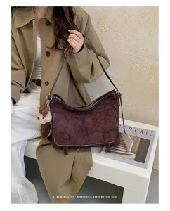 Korean fashion suede shoulder bag casual retro tote bag for women daily vintage style