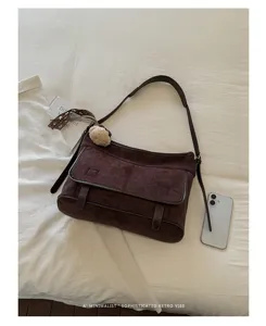 Stylish retro brown suede shoulder bag for women, minimalist casual crossbody daily tote.