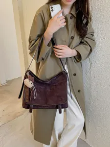 Women Fashion Suede Shoulder Bag Vintage Leopard Print Tote Bag Casual Crossbody Bag With Bear Pendant Retro Hobo Handbag For Daily Work
