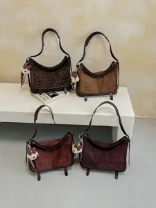 Korean fashion suede shoulder bag, stylish leopard print and solid casual crossbody bag.