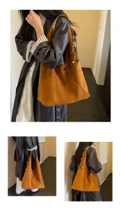 Retro brown suede shoulder dumpling bag, casual large capacity hobo bag style details view.