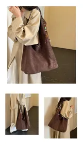 Brown vintage suede hobo shoulder bag detail, large capacity casual daily commuter purse.