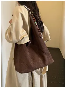 Retro large capacity brown suede shoulder dumpling bag, casual commuter hobo bag for women