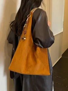 Vintage Large Capacity Suede Dumpling Bag For Women Ethnic Weaving Strap Tassel Pendant Shoulder Hobo Bag Casual Commuter Tote