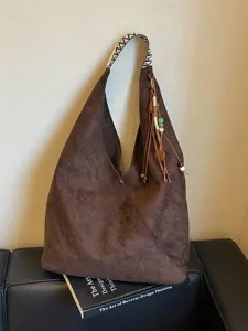 Vintage brown suede hobo bag, large capacity casual shoulder dumpling bag with patterned strap.
