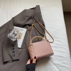 Pink quilted chain crossbody bag with top handle elegant style shoulder purse for women