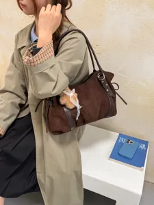 Women Fashion Suede Underarm Bag Commuter Shoulder Tote Bag Vintage Soft Satchel Bag With Exquisite Plush Bear Charm
