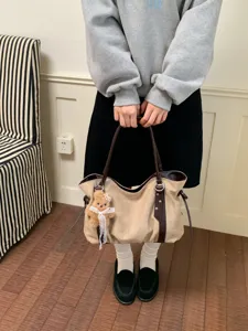 Fashion Suede Underarm Shoulder Bag Chic Plush Bear Pendant Commuter Tote Women Handbag