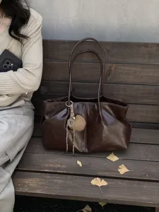Women's vintage brown tote bag large capacity casual shoulder bag stylish commuter handbag