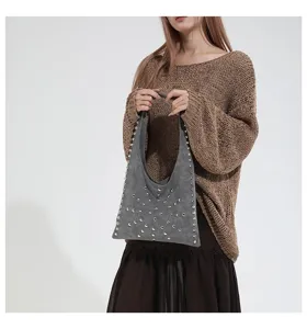 Fashion grey suede studded shoulder underarm handbag for women winter trend style