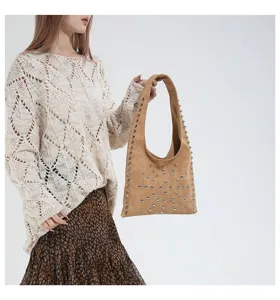 Stylish casual studded hobo shoulder bag for women, trendy chic everyday tote purse.