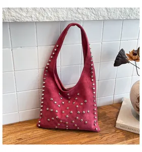 Stylish winter stud hobo shoulder bag with rose red finish for women trendy fashion everyday use.