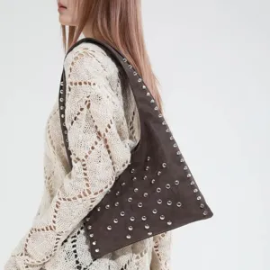 Fashion winter studded shoulder underarm bag for women, trendy brown hobo handbag main view.