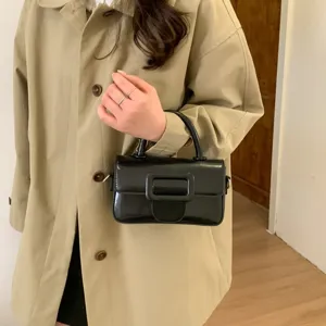 Black small square crossbody bag for women, stylish vintage shoulder bag with square buckle.