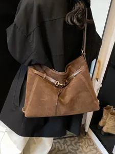Brown suede shoulder bag for women, versatile large capacity commute tote stylish design.
