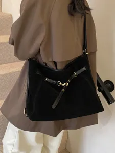Black suede shoulder bag for women, large capacity vintage commuter tote bag with strap.