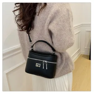 Black retro box handbag for women, simple shoulder messenger bag with metal lock detail.