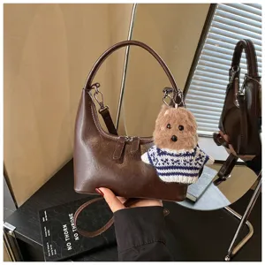 Retro crescent shoulder bag for women, stylish hobo handbag with cute plush dog charm daily use