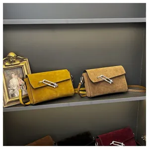 Suede crossbody shoulder bag with metal clip lock fashion minimalist commuter square bag