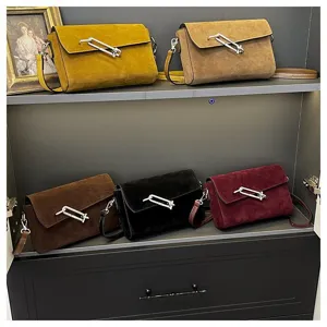 Suede shoulder crossbody bag for women, stylish small square bag with metal clasp, casual commuter bag