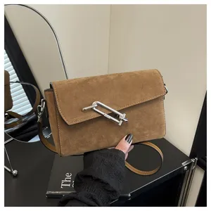 Brown suede shoulder bag for women, stylish vintage crossbody bag with metal lock clasp.