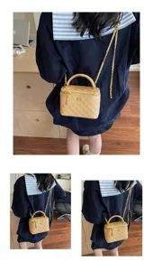 Beige quilted vanity crossbody bag with chain strap and top handle for women stylish daily use