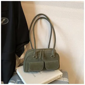 Vintage olive green shoulder bag for women, retro pu leather tote purse for daily commute.