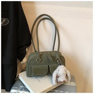 Retro dark green shoulder bag with dual straps and cute bunny charm, perfect daily commute.