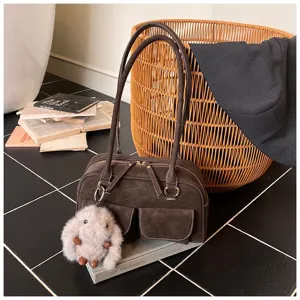 Vintage PU Leather Women Shoulder Bag Large Capacity Tote Handbag Casual Commuter Underarm Bag With Rabbit Pendant