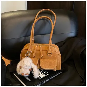Vintage PU Leather Shoulder Bag Large Capacity Tote Handbag with Cute Bunny Keychain