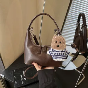 Retro Crescent Hobo Bag Women PU Leather Shoulder Crossbody Bag Fashion Commuter Handbag with Cute Plush Pendant