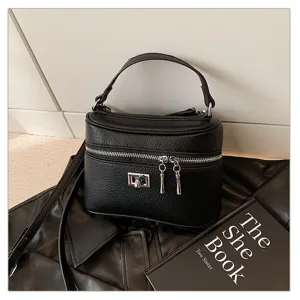 Classic black leather vanity handbag retro top handle crossbody shoulder bag for daily women