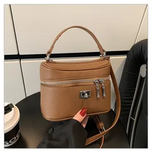 Brown retro women's top handle handbag, stylish PU leather box crossbody bag with metal lock.