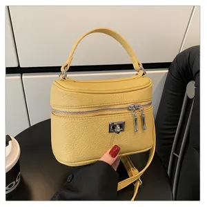Yellow leather handbag women retro top handle crossbody bag fashion shoulder box bag