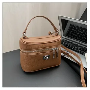 Brown pebbled leather vanity box bag for women, retro top-handle shoulder crossbody bag.