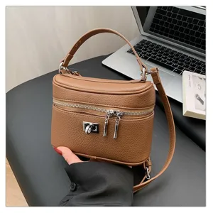 Vintage brown leather vanity box bag, stylish top handle shoulder crossbody bag for women.