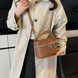 Women brown leather box bag retro crossbody shoulder bag stylish commuter top handle handbag