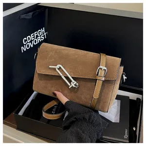 Stylish suede shoulder bag with metal lock decoration, casual commuting crossbody bag.