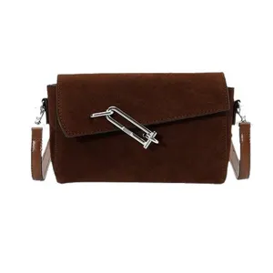 Brown suede shoulder bag with silver lock clasp, chic casual crossbody bag for women commuting.