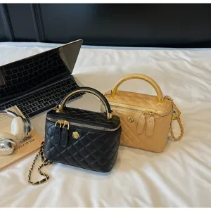 Classic quilted vanity bag with metal handle and chain strap, elegant women's crossbody.