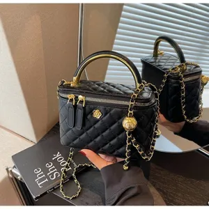 Classic Quilted Chain Vanity Bag Black Luxury Handheld Shoulder Messenger Bag for Women