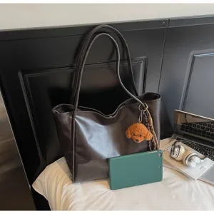 Vintage dark brown PU leather tote bag large capacity casual shoulder bag for women daily commute
