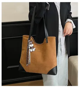 Large capacity suede tote bag for women casual commuter shoulder bag with cute dog pendant.